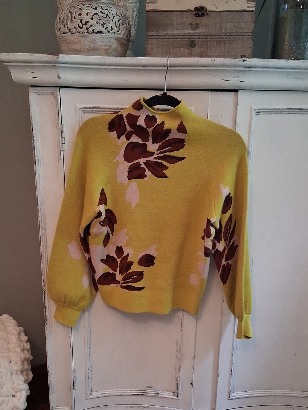 Anthropologie Yellow Floral Turtleneck Sweater with Brown Accents